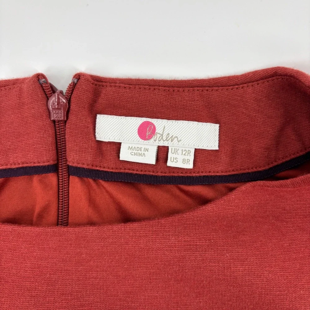 Boden Tie Waist Jersey Blouse Women 8 Red Puff Sleeve Boat Neck Top Classy Retro